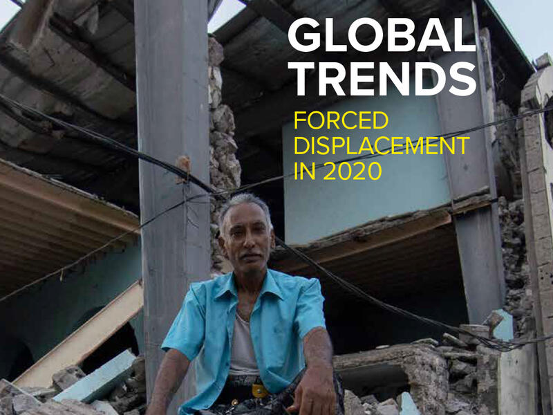 Global Trends 2020 report cover, featuring a man sitting in front of a partially destroyed building in Yemen.