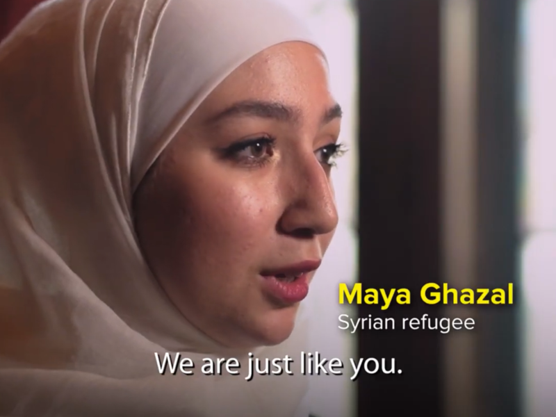 Maya Ghazal talks. Text reads "We are just like you"