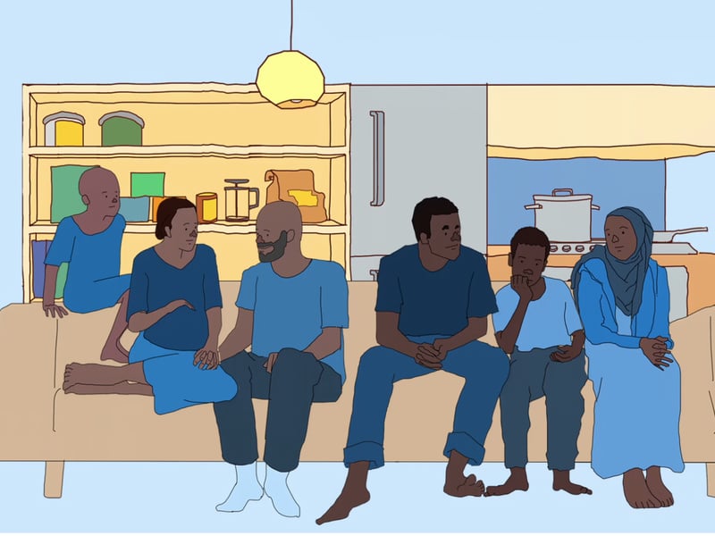 Illustration of a family sitting together on a sofa.