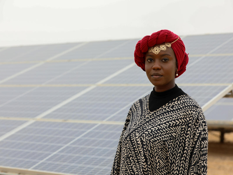 UNHCR Goodwill Ambassador, Emtithal (Emi) Mahmoud is pictured at the solar power plant in Azraq Camp.