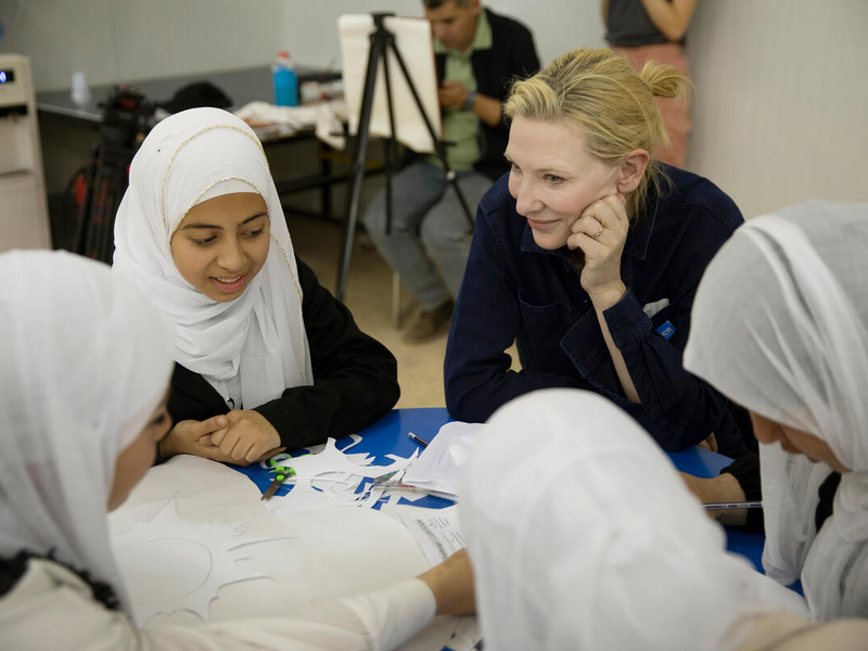 Jordan. UNHCR Goodwill Ambassador Cate Blanchett visits a TIGER workshop in the community centre in District 2 of Zaatari refugee camp