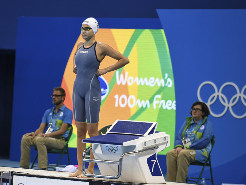 Yusra prepares to compete in the 100m freestyle race at the Rio Olympics in 2016.