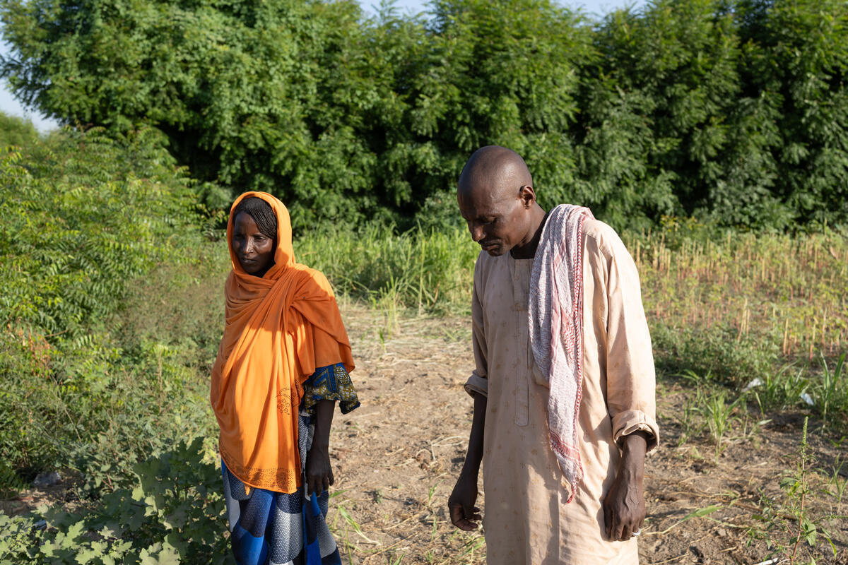 A man and a woman walk through a field.