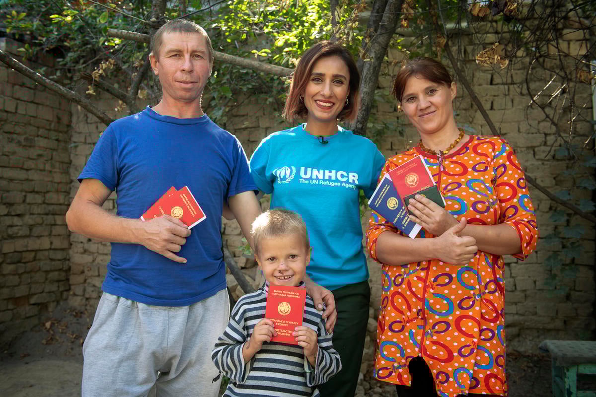 Kyrgyzstan. Anita Rani, UNHCR High Profile Supporter together with a former stateless family