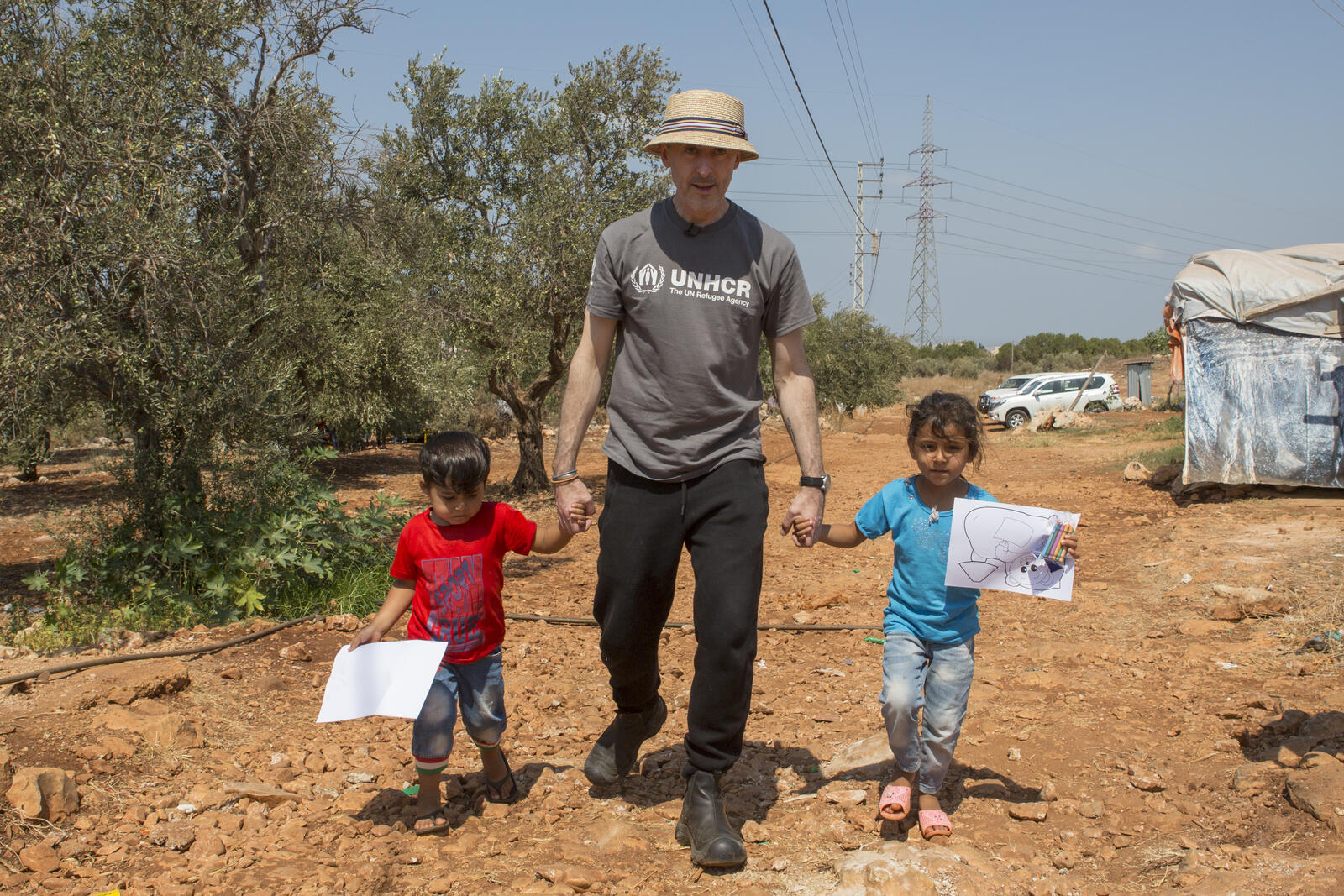 Lebanon. UNHCR High Profile Supporter Alan Cumming meets Syrian refugee Mzyed Haj Khalaf and his family at Rass Maska informal settlement