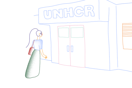 Illustration of a woman entering a UNHCR building.