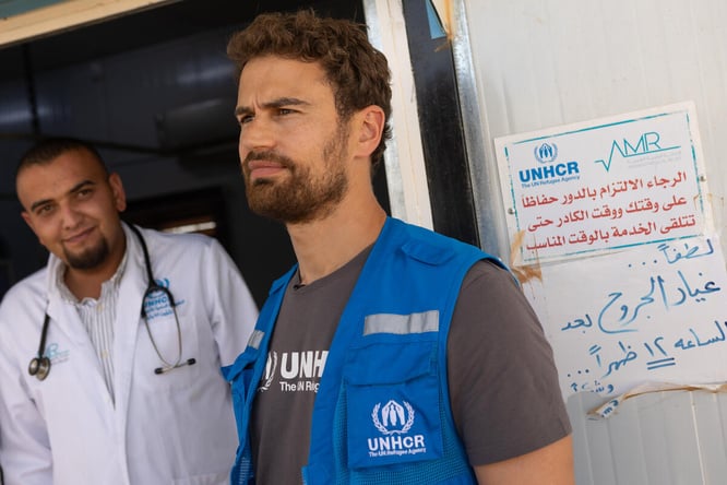 Jordan. High Profile supporter Theo James visits Azraq Refugee camp