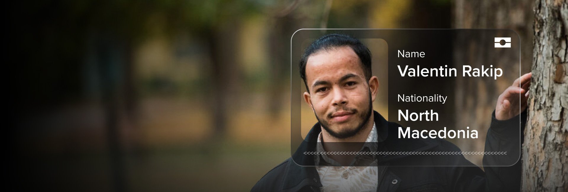 A young man with a graphic of an ID card overlaid on the photo. The card displays the text 'Nationality: North Macedonian'. 
