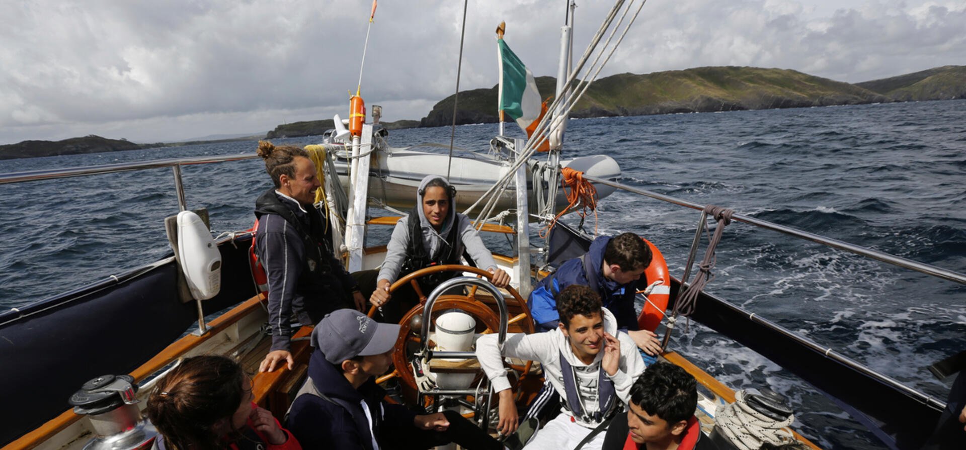 Ireland. A group of teenagers from Ireland and Syrian Asylum seekers participate in sail training off the coast of West Cork