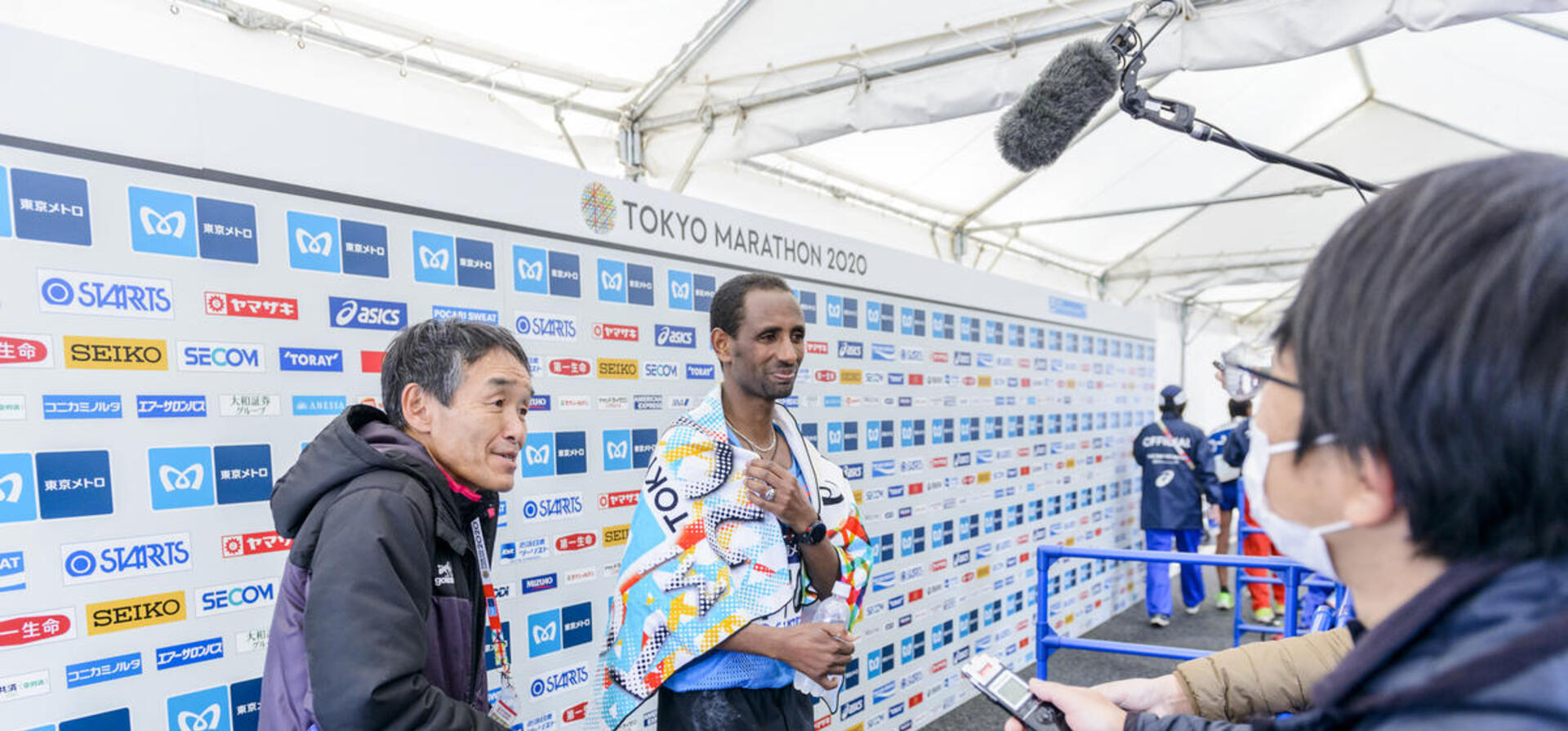 Refugee athlete Yonas Kinde is interviewed after finishing the Tokyo Marathon 2020.
