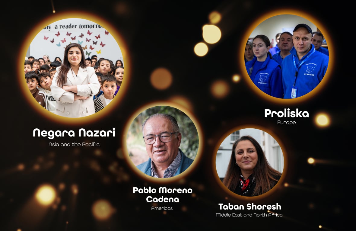 Four round images of people with text on a black background 