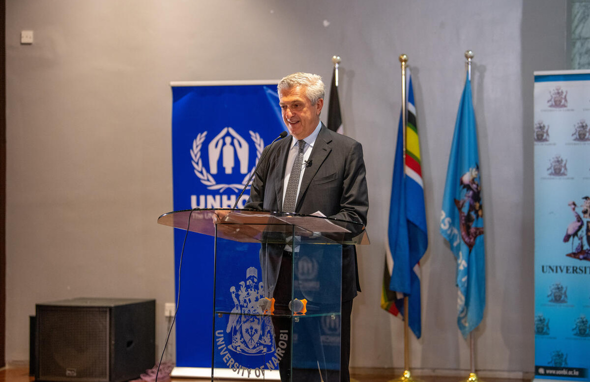 High Commissioner Filippo Grandi gives a speech on stage