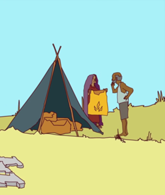 Illustration of an elderly couple standing next to a tent.