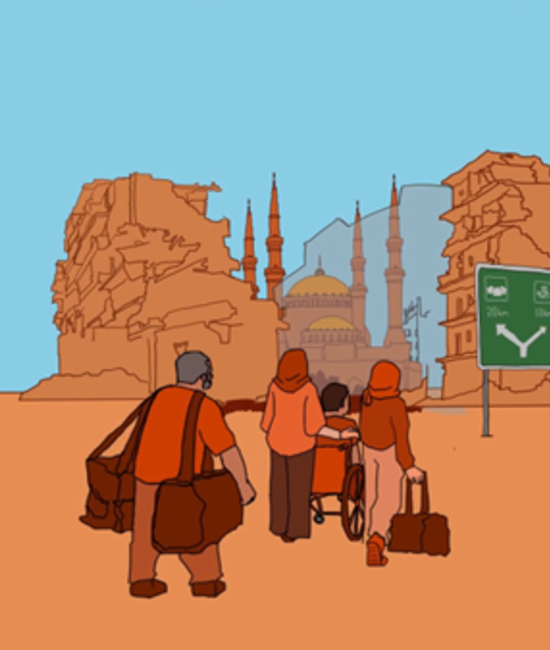 A family of refugees walking on a road, carrying bags.