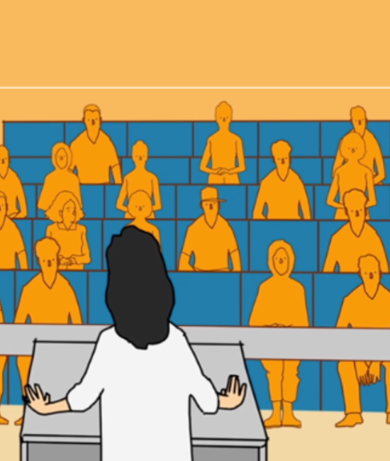Illustration of a teacher, standing in front of a group of people in a classroom.