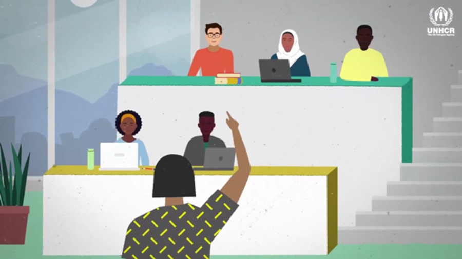 Illustration of a person raising their hand in front of students in a classroom