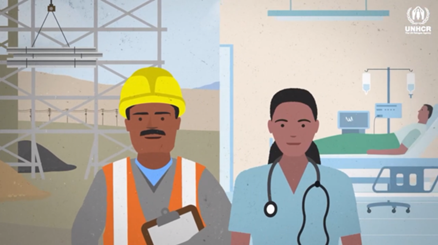 Illustration of a construction worker and a doctor standing next to each other
