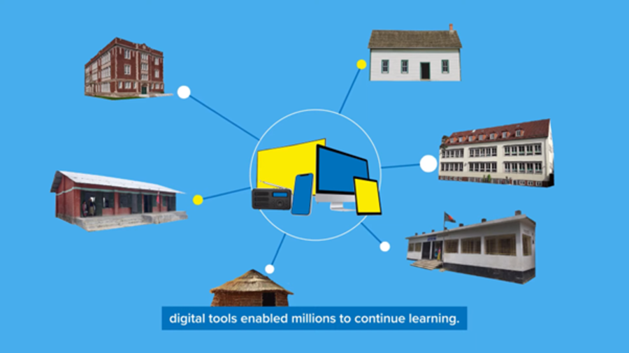 An illustration showing digital devices such as a laptop, a mobile phone, and a TV, connected to various houses.