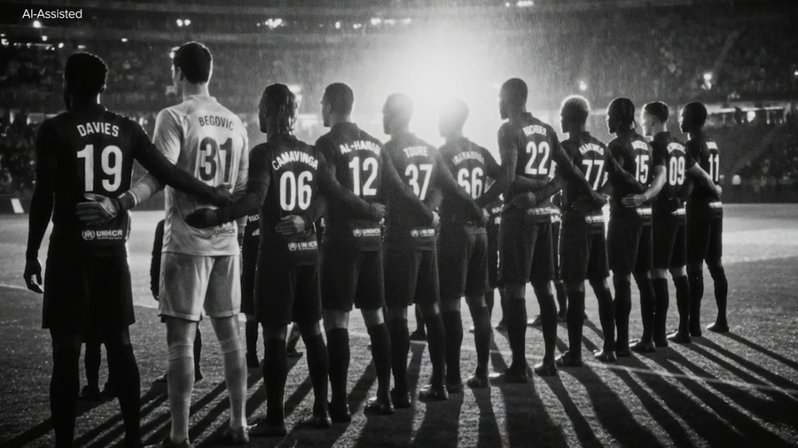 AI-assisted rearview image of a football team lined up on the pitch inside a brightly lit stadium 