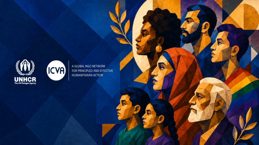 UNHCR and ICVA logos on background art with many faces, people of different ages and genders, looking towards the left