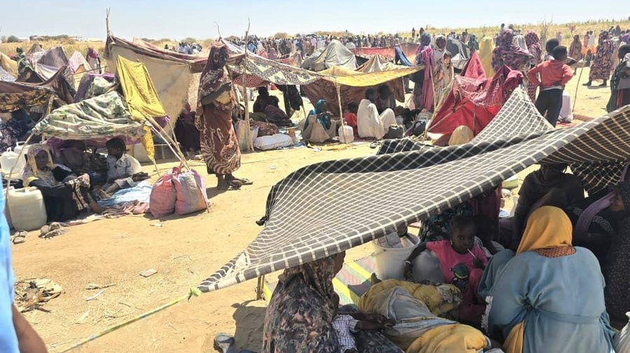 Hundreds of Sudanese people shelter under shade cloths held up by branches