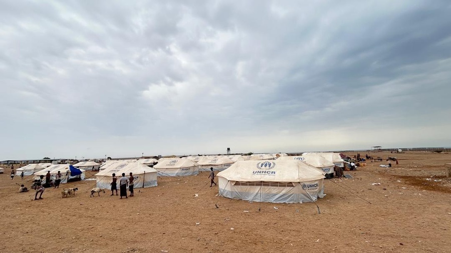 Refugee families gather with animals outside UNHCR tents in an arid environment