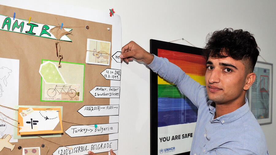 Arsalan points to a poster at a workshop on the risks of exploitation and trafficking in Belgrade, Serbia. The workshop is for unaccompanied children. 