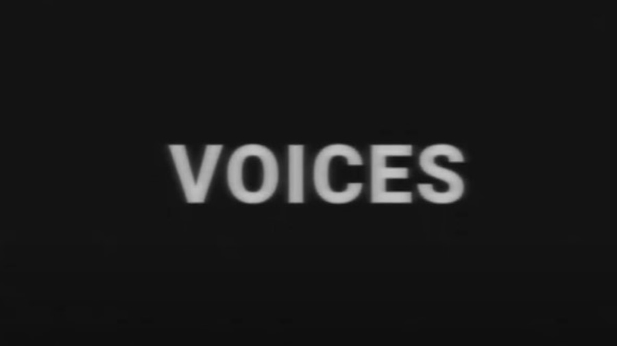 A black screen with the word "Voices" in white