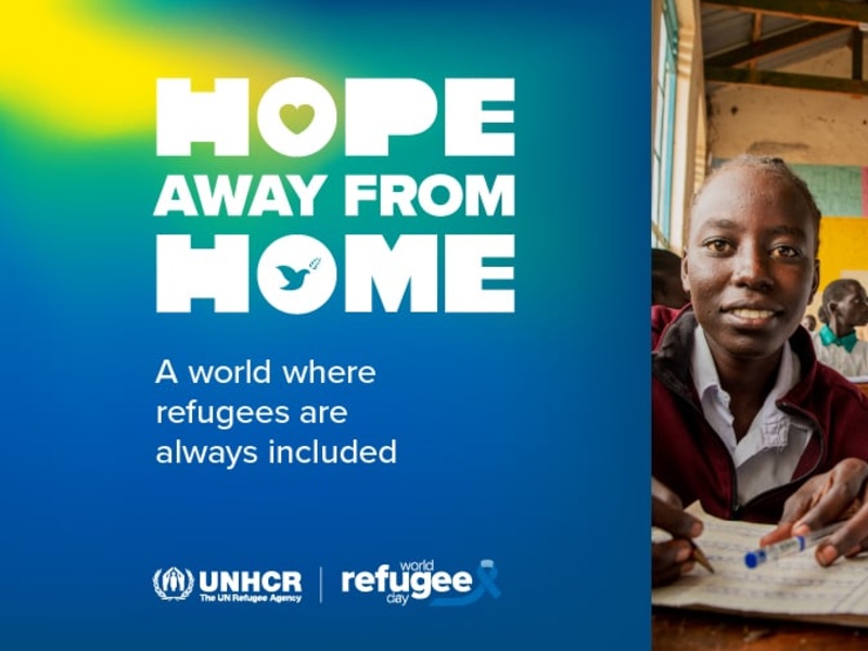 Two girls sitting at a desk in a classroom. On the left, a text reads "Hope away from home".