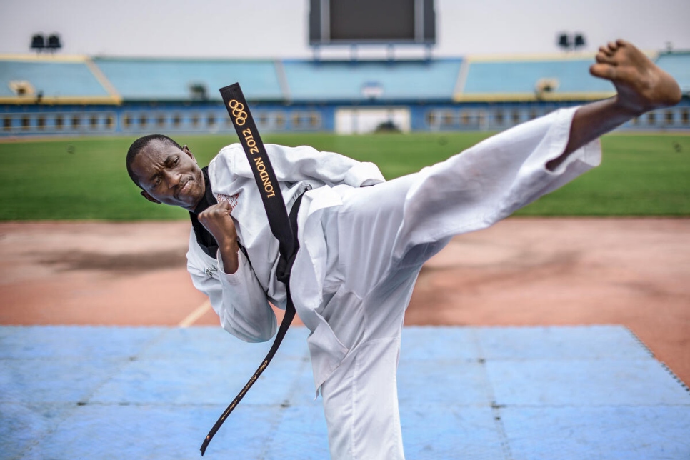 Burundian refugee Parfait Hakizimana during a Taekwondo training session at the Amahoro Stadium in Rwanda’s capital, Kigali.   © UNHCR/Anthony Karumba