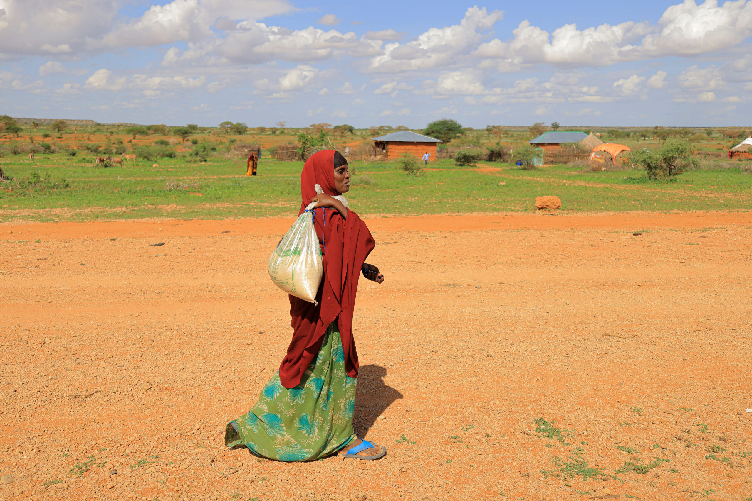 A woman displaced by severe drought in Ethiopia returns to her shelter after buying groceries with cash assistance she received from UNHCR. © UNHCR/Tiksa Negeri