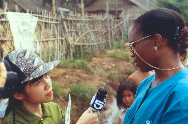 Barbara Hendricks being interviewed at Site 2 and Khao-I-Dang camps for Cambodian refugees, in September 1991.