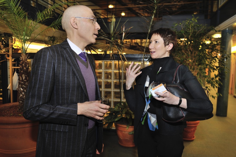 Reception in honour of members of UNHCR's inaugural Advisory Group on Gender, Forced Displacement and Protection. UNHCR Assistant High Commissioner Volker Türk, talking with advisory group member Shereen El Feki, from the United Kingdom.