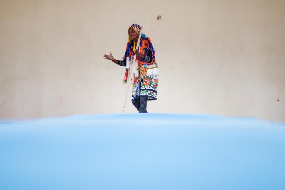 A student sings in front of the class during a study break at Morneau Shepell School in Kakuma camp, Kenya.