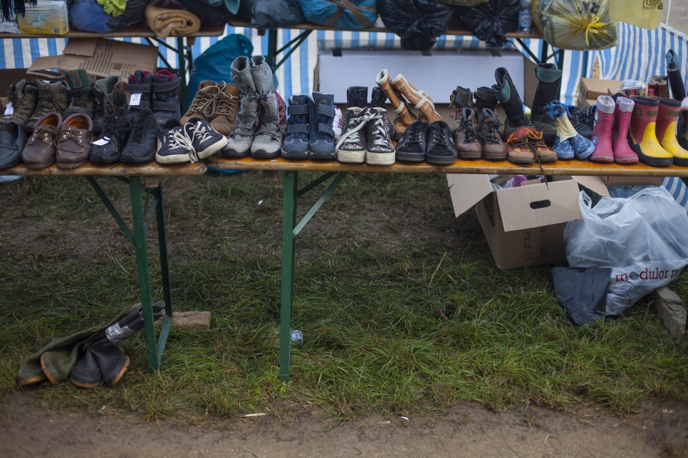 Shoes collected by volunteers are made available to refugees and migrants in need in Bapska, Croatia.