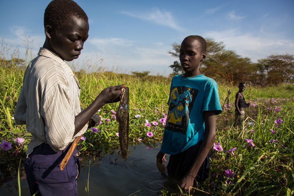 Kir Buth, 15, holds a fish caught moments earlier at a swamp near Yida, as Guor Path, 14, and Dictor Arak, 15, look on. Displaced by the fighting in South Sudan, the boys fish with their friends to raise money for schoolbooks and school fees.<br><br>"I just watched others doing it and then I learned how," says Guor, explaining how he started to fish after the conflict uprooted his family. "It was peaceful in Bentiu before. I didn't need to do this. Then the war came and we had to run away, my mother and my three brothers and two sisters. My father is still there."