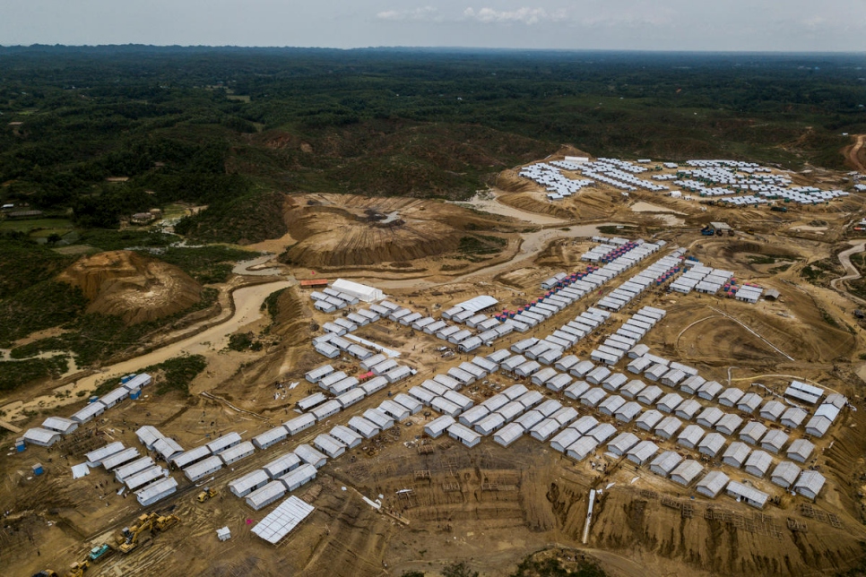 The new Camp 4 Extension (foreground) is home to hundreds of Rohingya refugees who had been living in tents at risk of landslides elsewhere in Kutupalong, the world's largest refugee settlement.