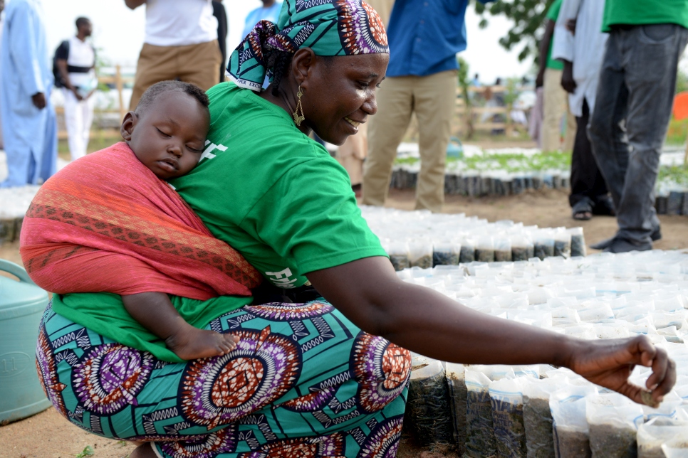 أم نيجيرية تحمل طفلها على ظهرها بينما تزرع البذور في أحد المشاتل في مخيم ميناوا للاجئين في الكاميرون، وذلك كجزء من مشروع إعادة التشجير.
