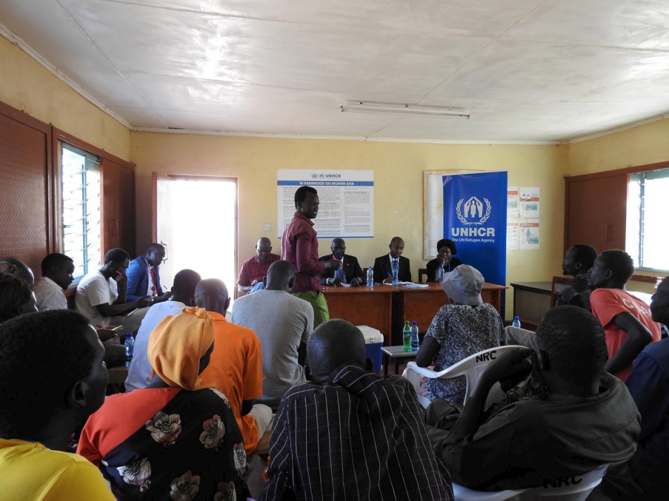 Deng Malual, 26, speaks at a meeting with the Independent Boundaries Commission (IBC) of South Sudan in Kakuma camp, Kenya. 