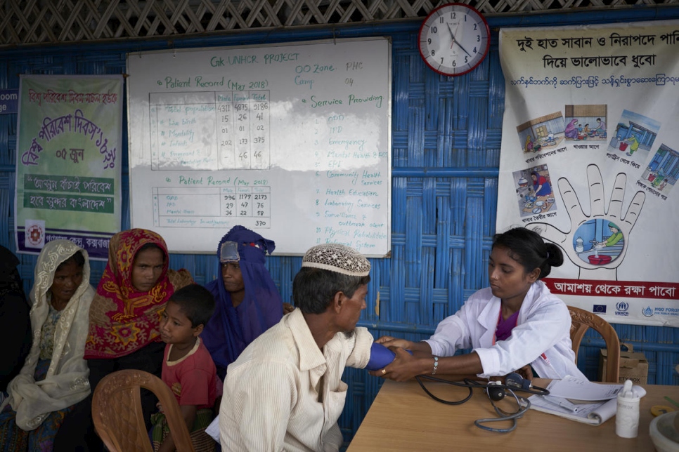 Un médecin vérifie la tension artérielle d'un réfugié rohingya dans une clinique de soins de santé primaires gérée par le HCR à Kutupalong, Bangladesh. Juin 2018.  