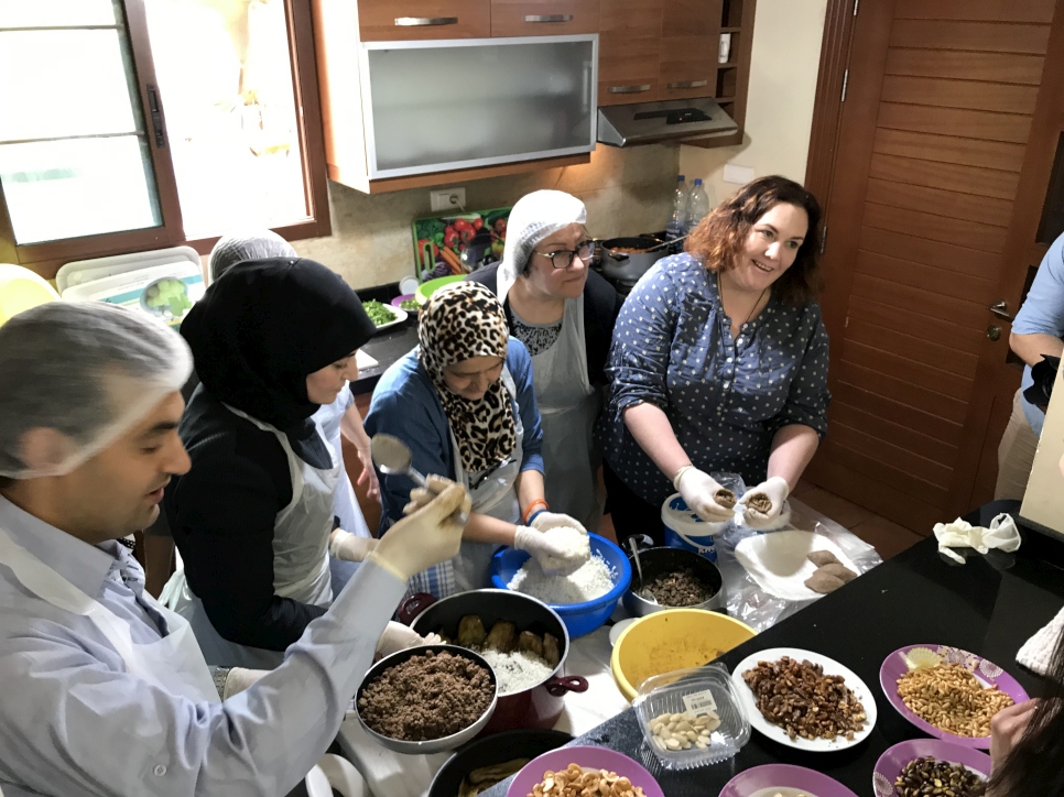 Irish based chef Jess Murphy making 'Kibbeh' with Syrian refugees in the Caritas Borj Hammoud Community Development Centre in Beirut