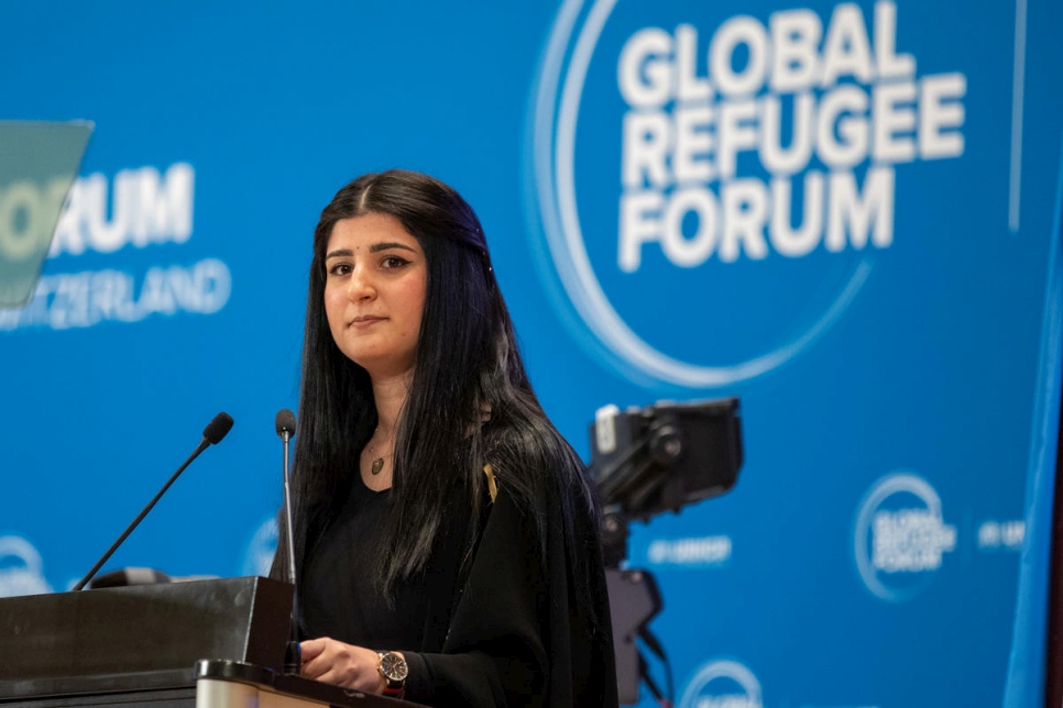 Switzerland. Former Iraqi refugee speaks at the Global Refugee Forum