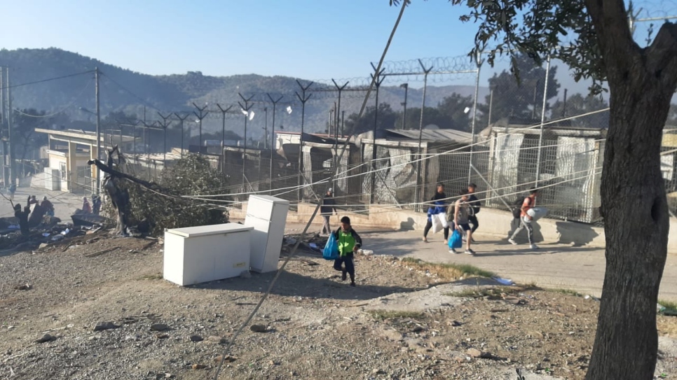Fire damage at the Registration and Identification Center at Moria camp, Lesvos, Greece.
