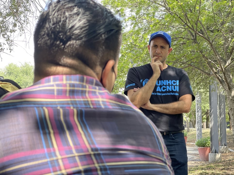 Alberto Lati meets with refugees in Parque Fundidora in Monterrey, Mexico, City. 