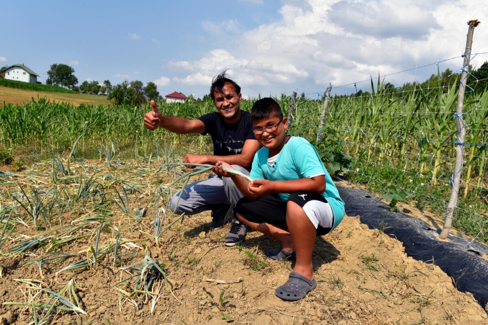 Adel et son fils Sajad, 12 ans, au milieu des oignons plantés dans la ferme d'Adel en Bosnie-Herzégovine. 