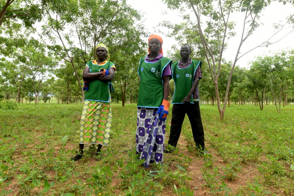 ليديا يعقوب (في الوسط) واثنان من اللاجئين الآخرين المشاركين في مشروع إعادة التحريج في ميناواو يقفان في واحدة من أولى المناطق التي زرعت فيها الأشجار في عام 2018.