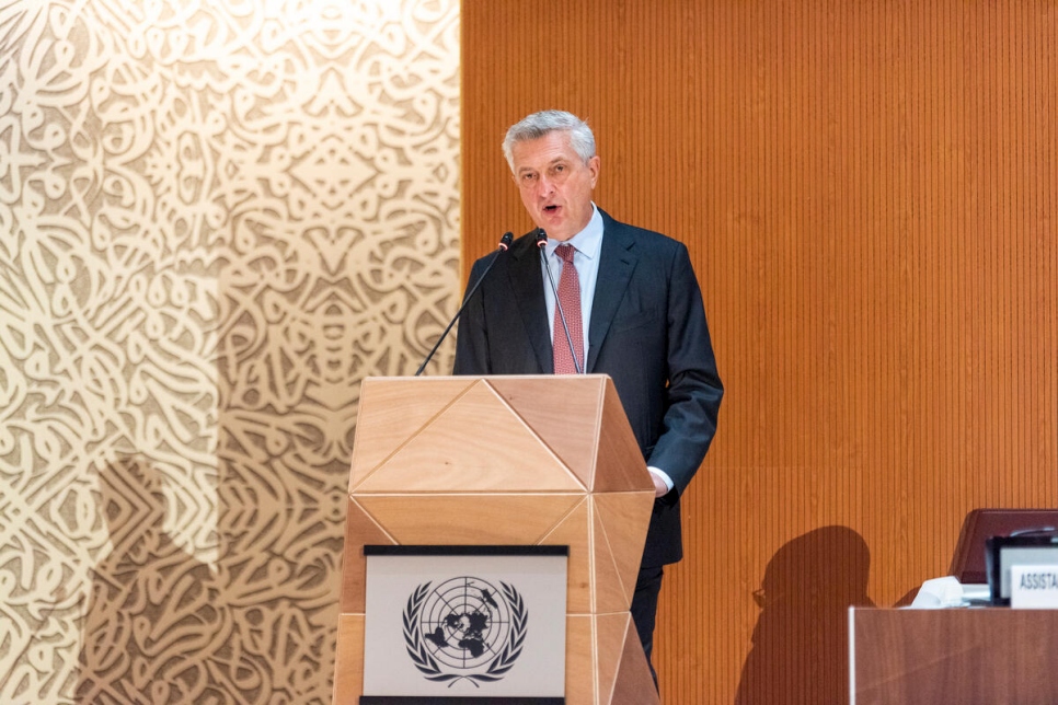 Le Haut Commissaire des Nations Unies pour les réfugiés, Filippo Grandi, prononce un discours lors de la 72e réunion annuelle du Comité exécutif au Palais des Nations à Genève, en Suisse.  