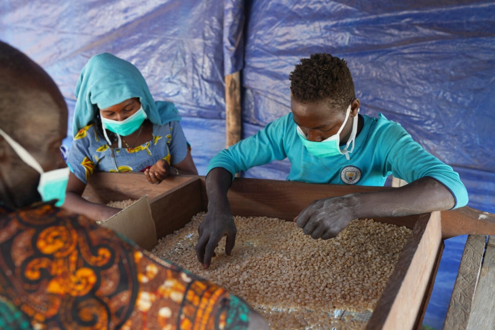 Des agriculteurs réfugiés et de la communauté d'accueil trient du maïs dans le camp de réfugiés de Makpandu au Soudan du Sud, en janvier 2021.  
