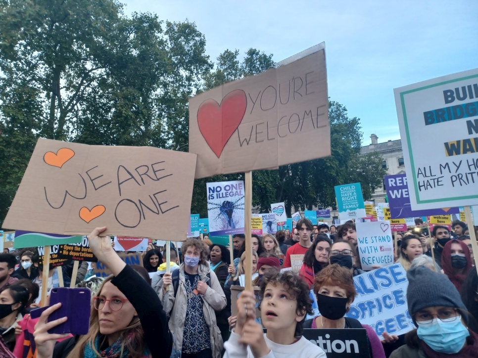 Signs of welcome filled London's Parliament Square as supporters gathered to show solidarity with refugees.