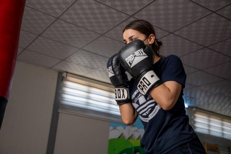 Shaare Sharaf Sameer, 21, says the boxing classes help her to "forget everything".